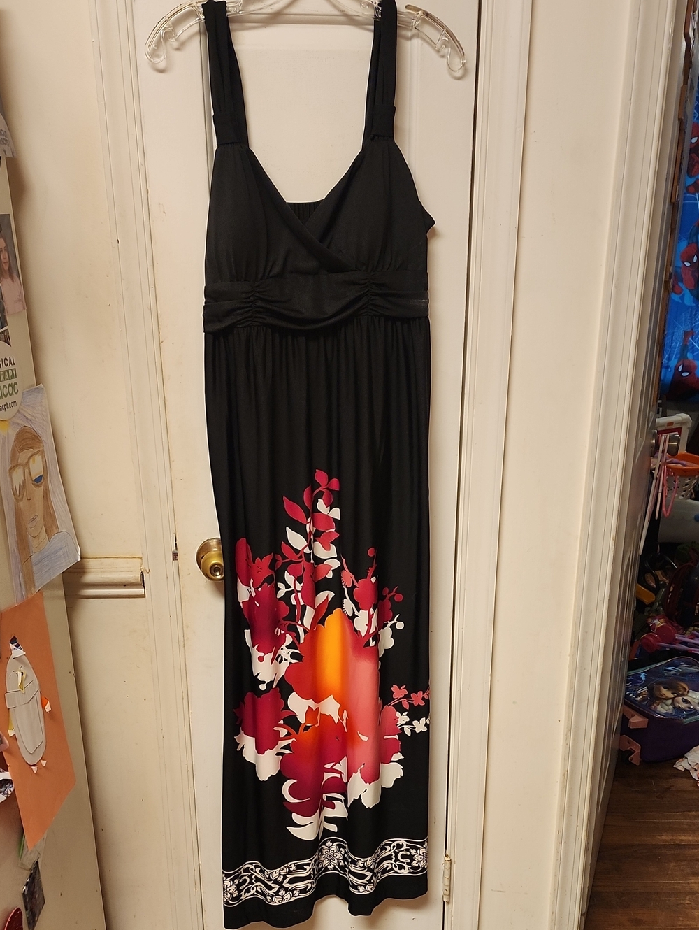 Olivia Matthews Black Maxi Dress with Pink, Red and Orange Floral Accent